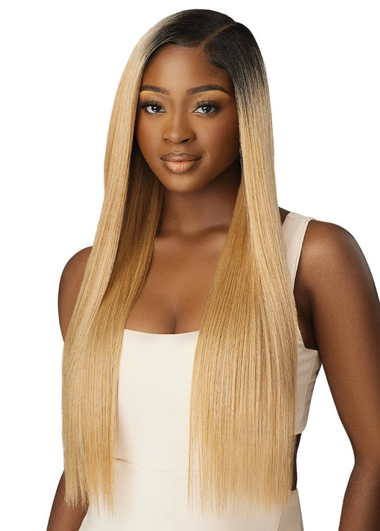 Outre Purple Pack Brazilian Boutique | 100% Human Hair Premium Blend Virgin Sleek Pressed 18", 20", 22" + 4X4 HD Hand-Tied Lace Closure